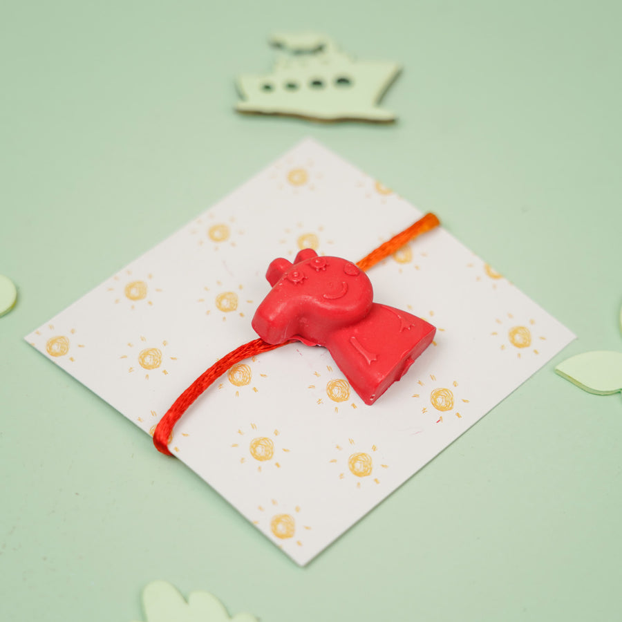 Customized Handmade Peppa Pig Theme Wax Rakhi For Kids - Front View with Card