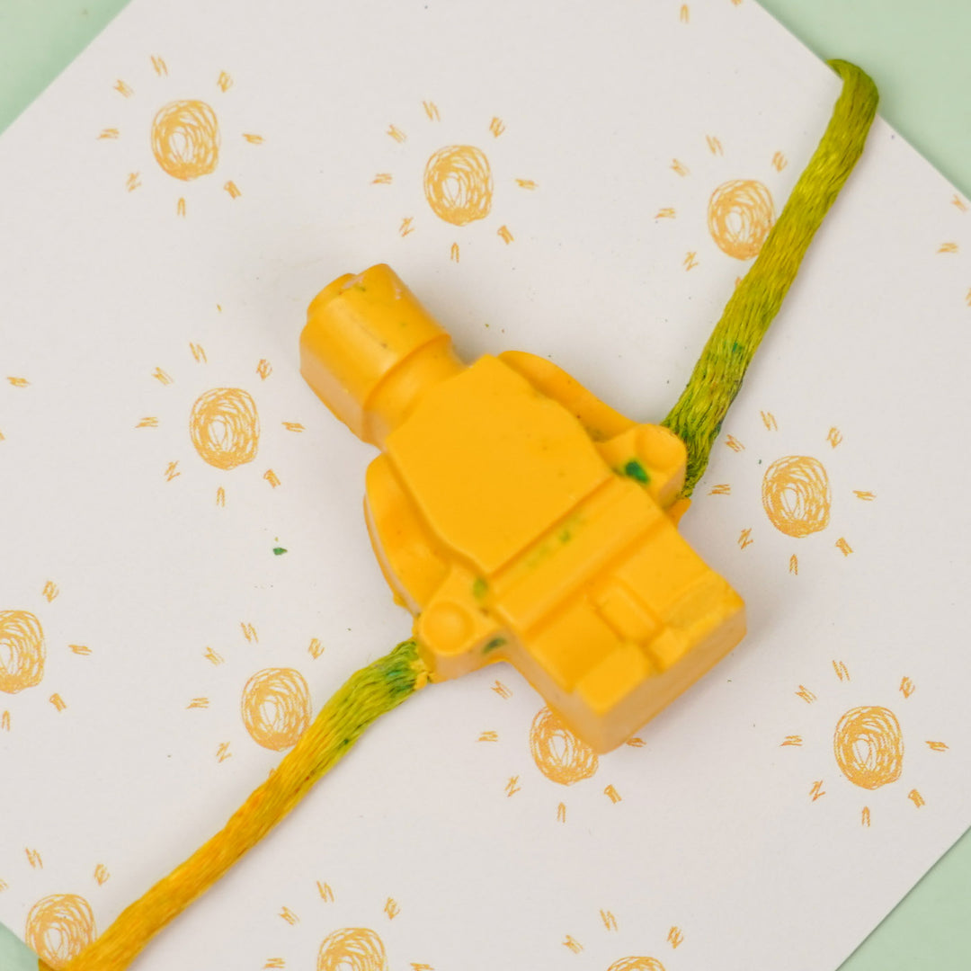 Customized Handmade Lego Man Theme Wax Rakhi For Kids - Close-up of Toy Detail