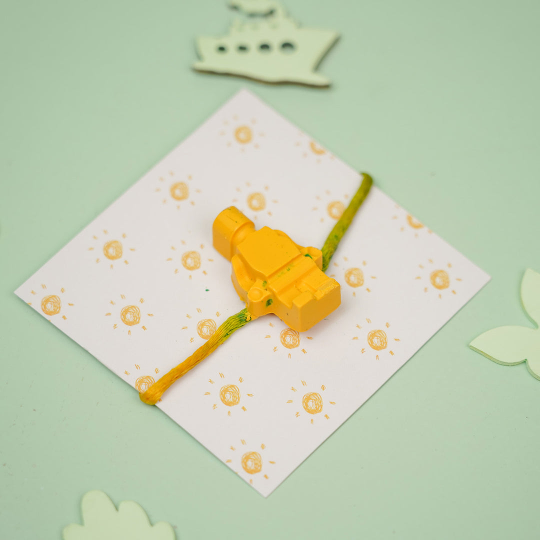 Customized Handmade Lego Man Theme Wax Rakhi For Kids - Front View of Toy Bracelet