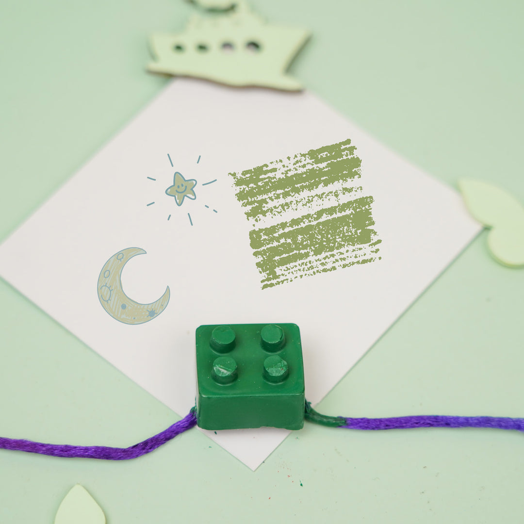Customized Handmade Lego Block Theme Wax Rakhi For Kids - Top Down View with Graphic Card