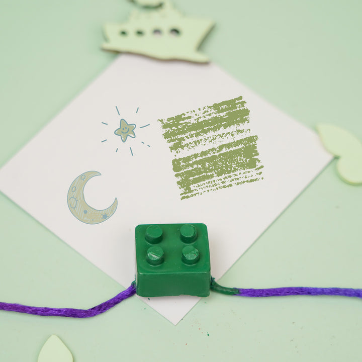 Customized Handmade Lego Block Theme Wax Rakhi For Kids - Top Down View with Graphic Card