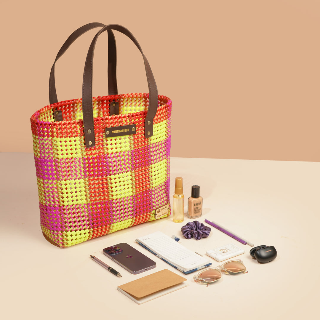 Pink And Florecent Green Checks Handmade Wire Koodai Tote Bag