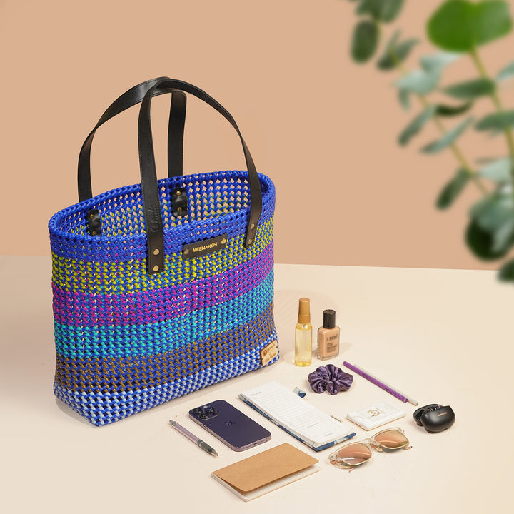 Peacock Blue Horizontal Stripes Handmade Wire Koodai Tote Bag
