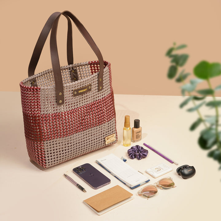 Grey And Brown Horizontal Stripes Handmade Wire Koodai Tote Bag