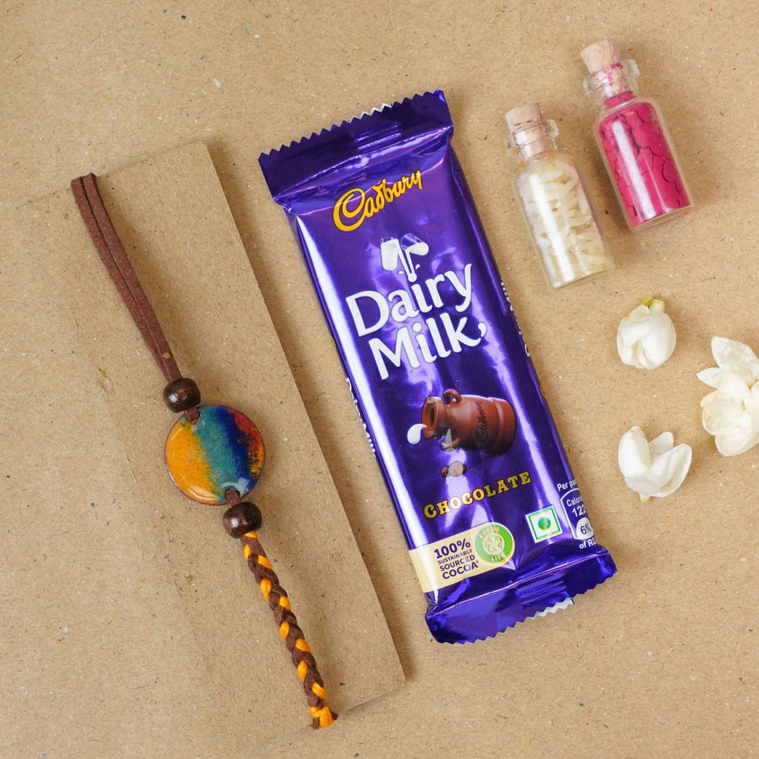 Handmade Indraa Multicolour Copper Enamel Rakhi With Chocolates And Roli Chawal - Bracelet with Chocolate Gift Set