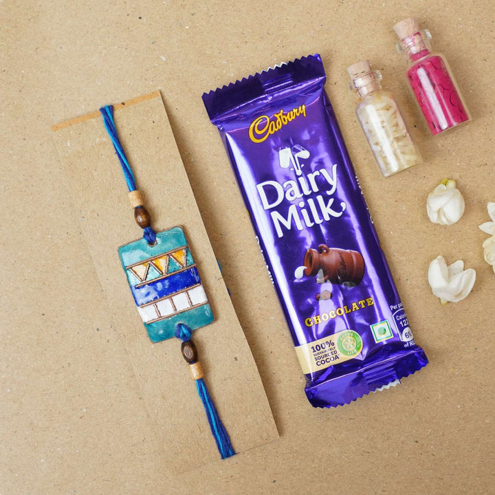 Handmade Zentangle Copper Enamel Rakhi With Chocolates And Roli Chawal - Bracelet with Gift Items Arrangement
