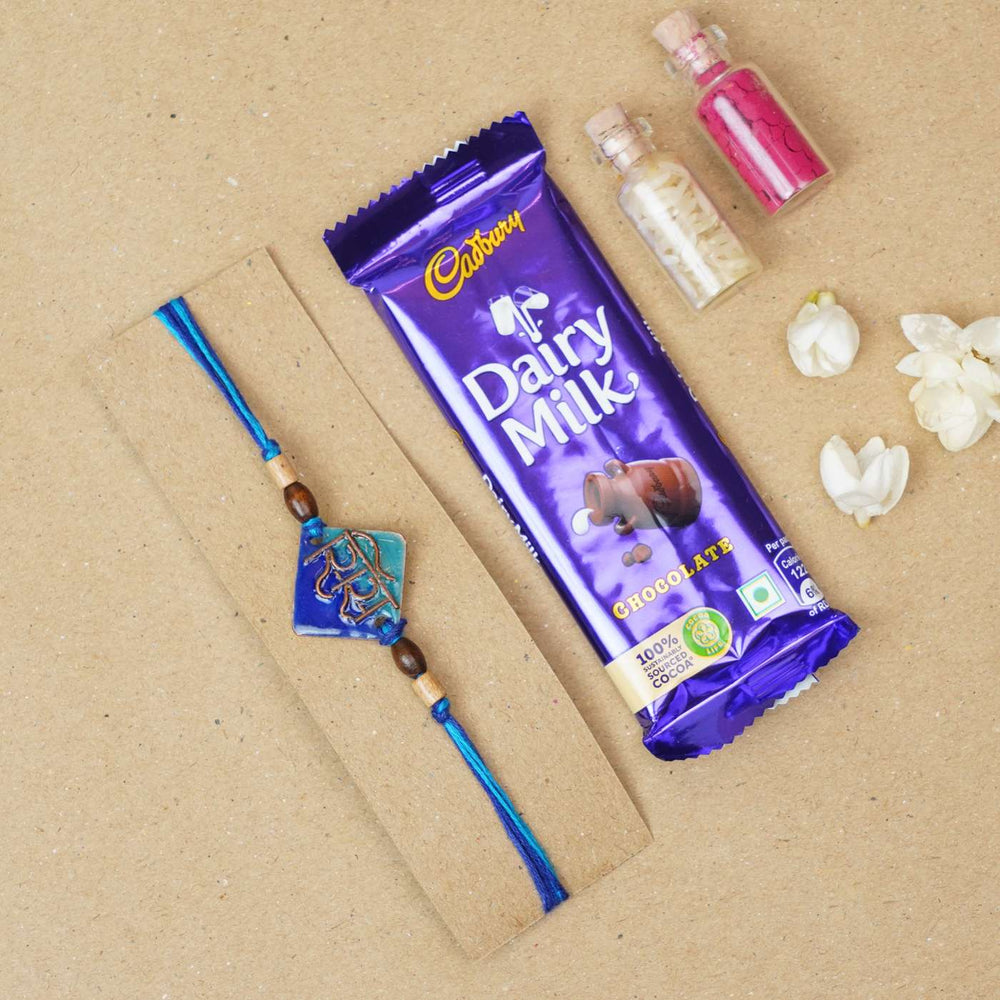 Handmade Sis Blue Copper Enamel Rakhi With Chocolates And Roli Chawal - Rakhi with chocolate gift set