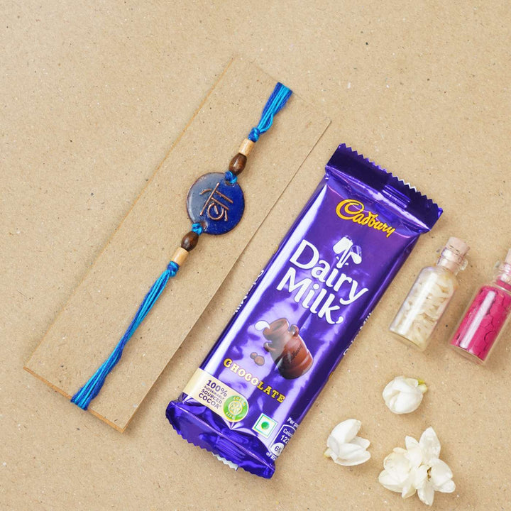 Handmade Bro Blue Copper Enamel Rakhi With Chocolates And Roli Chawal - Rakhi with chocolate gift set