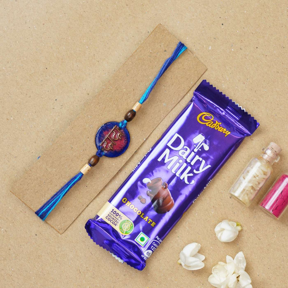Handmade Dada Blue Copper Enamel Rakhi With Chocolates And Roli Chawal - Rakhi with chocolate gift set