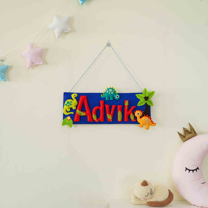 Handcrafted Dinosaur Themed Rectangle Felt Name Plate For Kids - Hanging on Wall Display