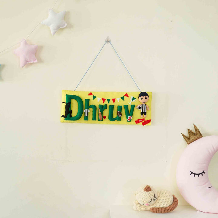 Handcrafted Sports Themed Rectangle Felt Name Plate For Kids - Hanging on Wall Display