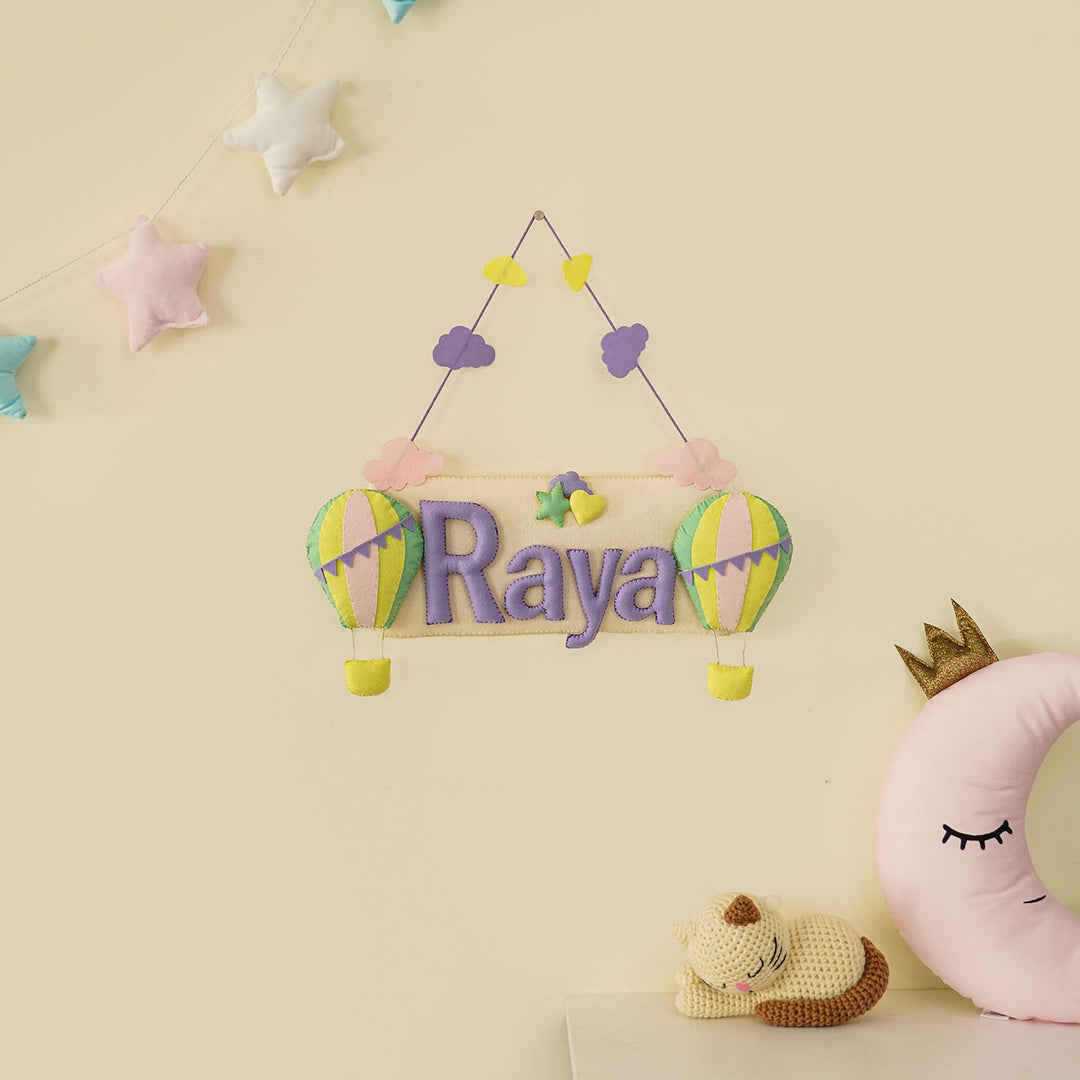 Handcrafted Hot Air Balloon Themed Rectangle Felt Name Plate For Kids - Front View Hanging on Wall