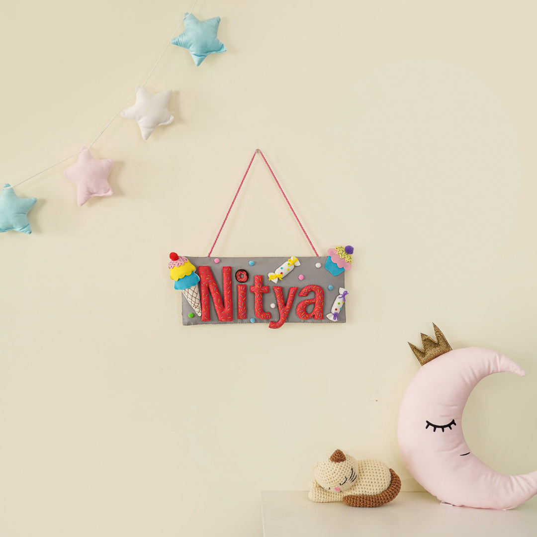 Handcrafted Ice Cream Candy Themed Rectangle Felt Name Plate For Kids - Name Personalization Hanging on Wall