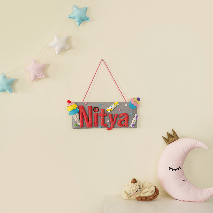 Handcrafted Ice Cream Candy Themed Rectangle Felt Name Plate For Kids - Name Personalization Hanging on Wall