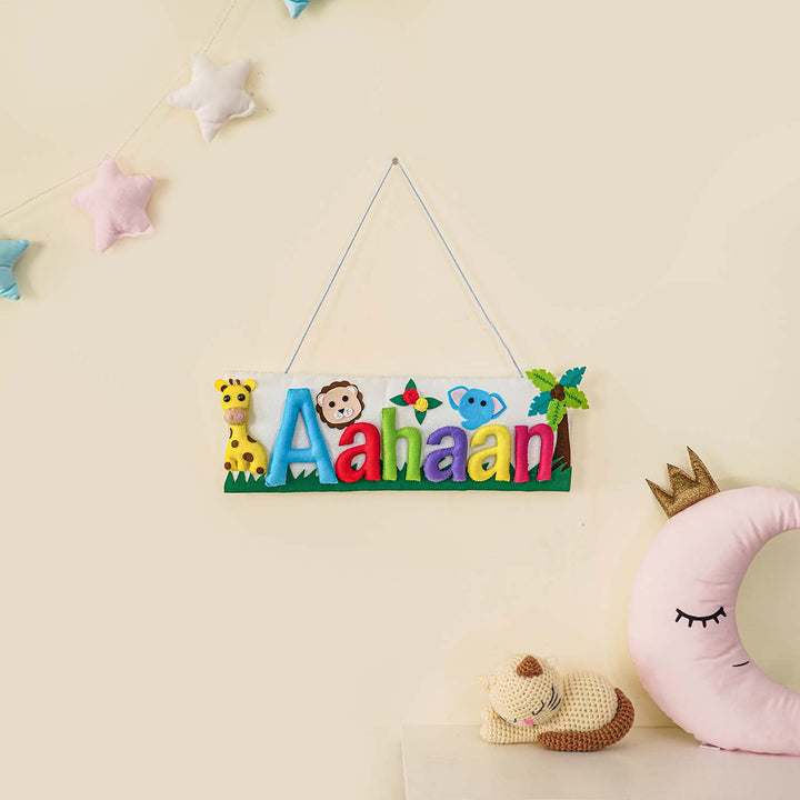 Handcrafted Animal Safari Themed Rectangle Felt Name Plate For Kids - Hanging Name Personalization Example