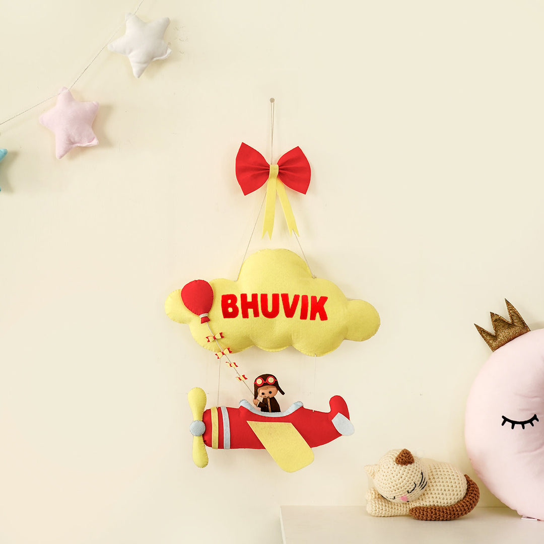 Handmade Personalized Felt Name Hanging Yellow Aviator - Hanging Personalized Name Display