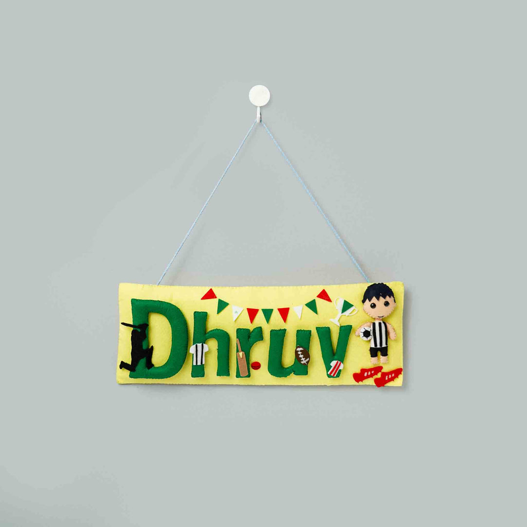 Handcrafted Sports Themed Rectangle Felt Name Plate For Kids - Hanging Wall Name Personalization