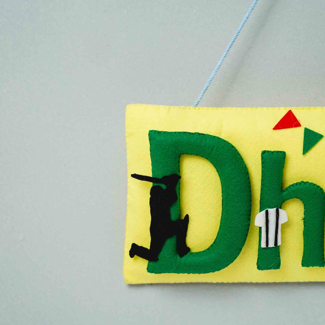Handcrafted Sports Themed Rectangle Felt Name Plate For Kids - Partial Front View Hanging Display