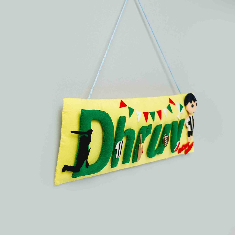 Handcrafted Sports Themed Rectangle Felt Name Plate For Kids - Side View Hanging on Wall