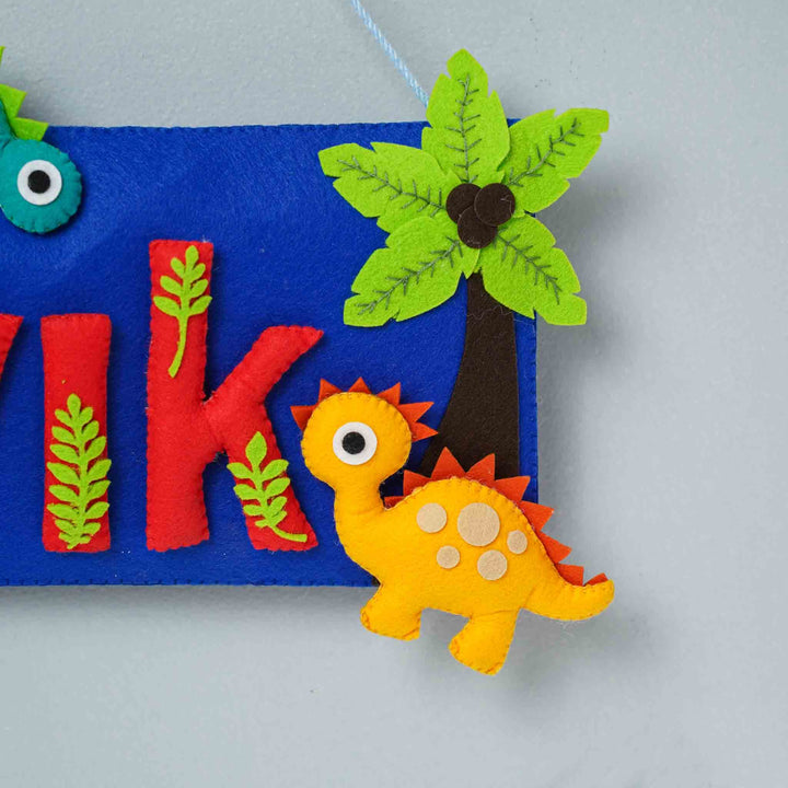 Handcrafted Dinosaur Themed Rectangle Felt Name Plate For Kids - Close-up of Hanging Felt Decoration
