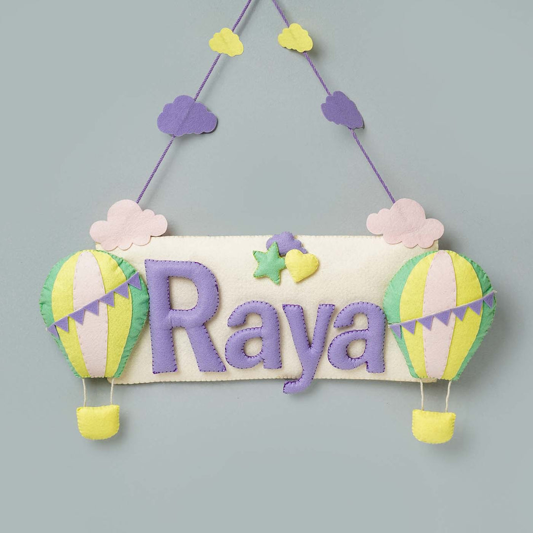 Handcrafted Hot Air Balloon Themed Rectangle Felt Name Plate For Kids - Hanging Name Sign Front View