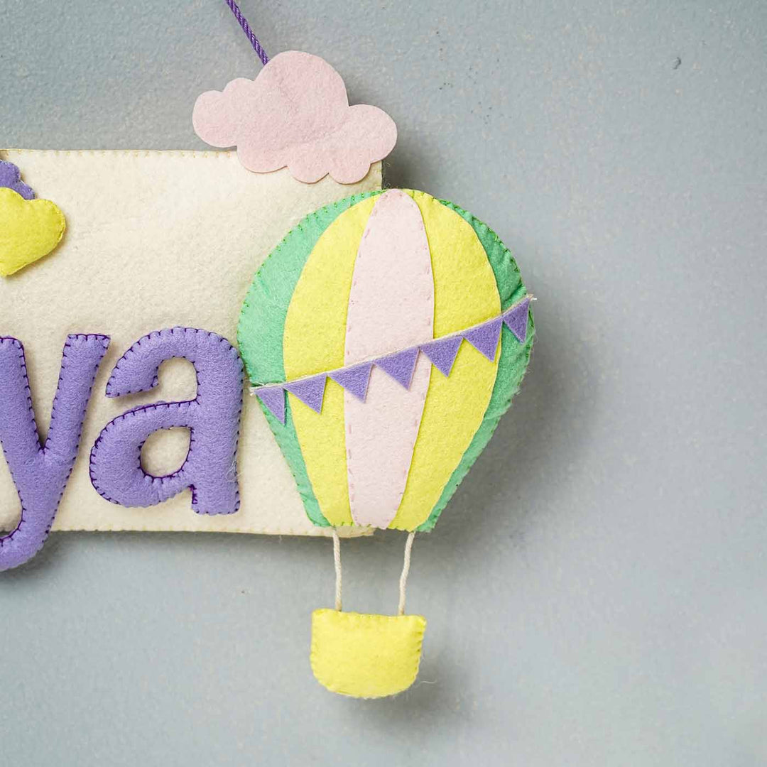 Handcrafted Hot Air Balloon Themed Rectangle Felt Name Plate For Kids - Close-up of Hanging Decoration Detail