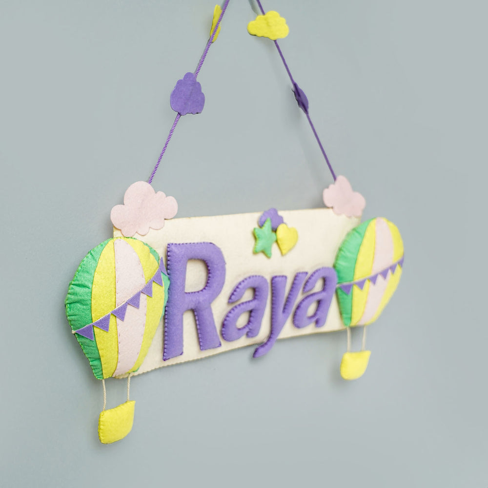 Handcrafted Hot Air Balloon Themed Rectangle Felt Name Plate For Kids - Hanging Name Sign Side View