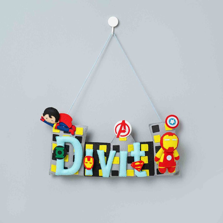 Handcrafted Superhero Themed Rectangle Felt Name Plate For Kids - Hanging Front View on Wall