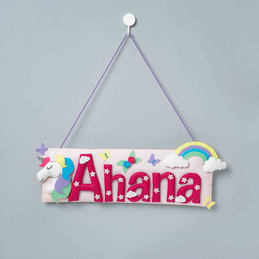Handcrafted Unicorn Themed Rectangle Felt Name Plate For Kids - Front View Hanging on Wall