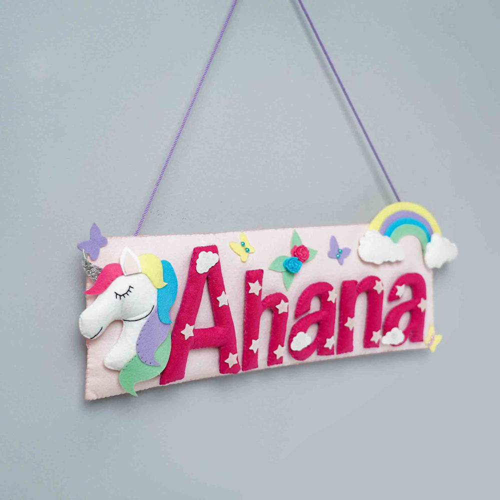 Handcrafted Unicorn Themed Rectangle Felt Name Plate For Kids - Hanging View with Name Personalization