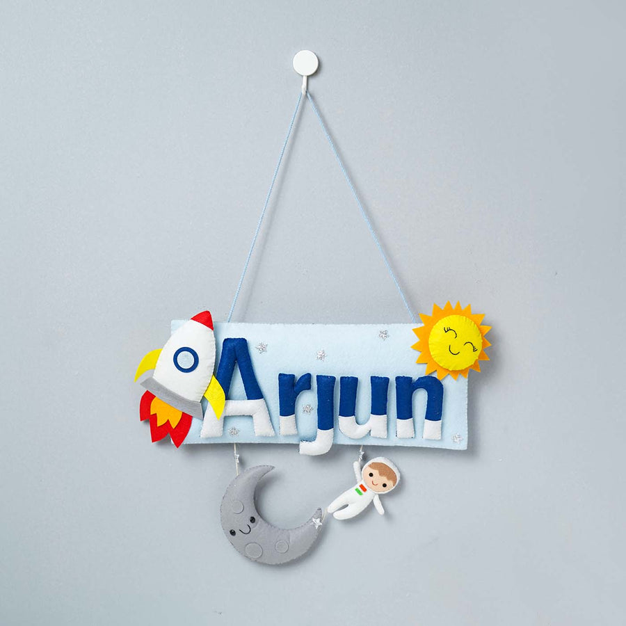 Handcrafted Space Themed Rectangle Felt Name Plate For Kids - Hanging Wall Decor Front View