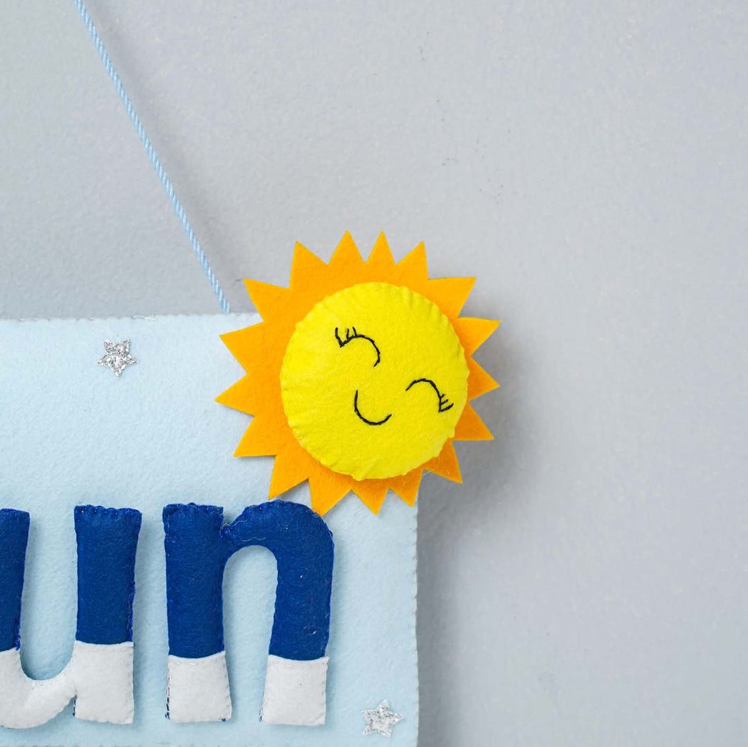 Handcrafted Space Themed Rectangle Felt Name Plate For Kids - Hanging Close-up Showing Corner Detail