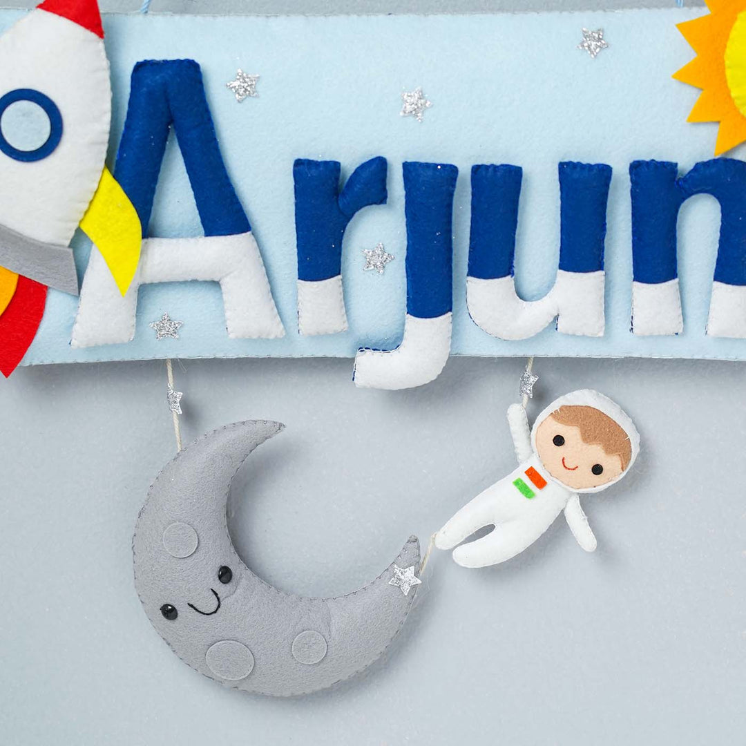 Handcrafted Space Themed Rectangle Felt Name Plate For Kids - Name Personalization with Hanging Ornaments