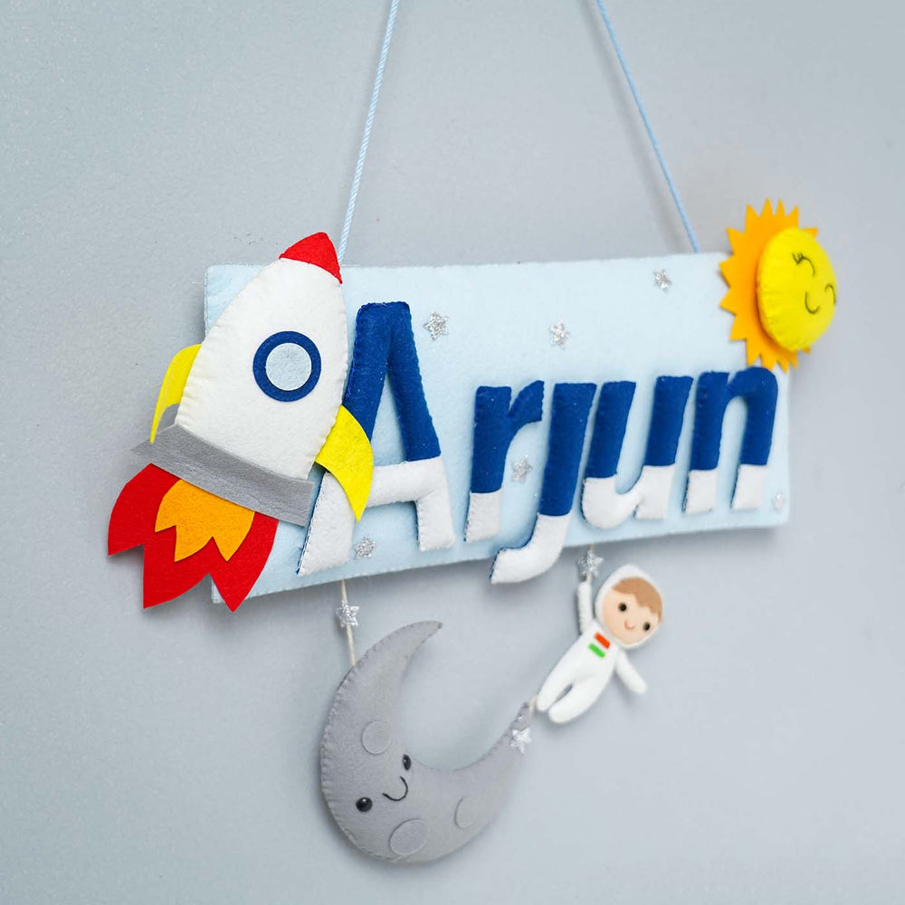 Handcrafted Space Themed Rectangle Felt Name Plate For Kids - Side View Hanging Wall Sign