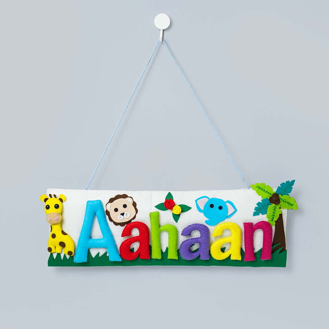 Handcrafted Animal Safari Themed Rectangle Felt Name Plate For Kids - Front View Hanging on Wall
