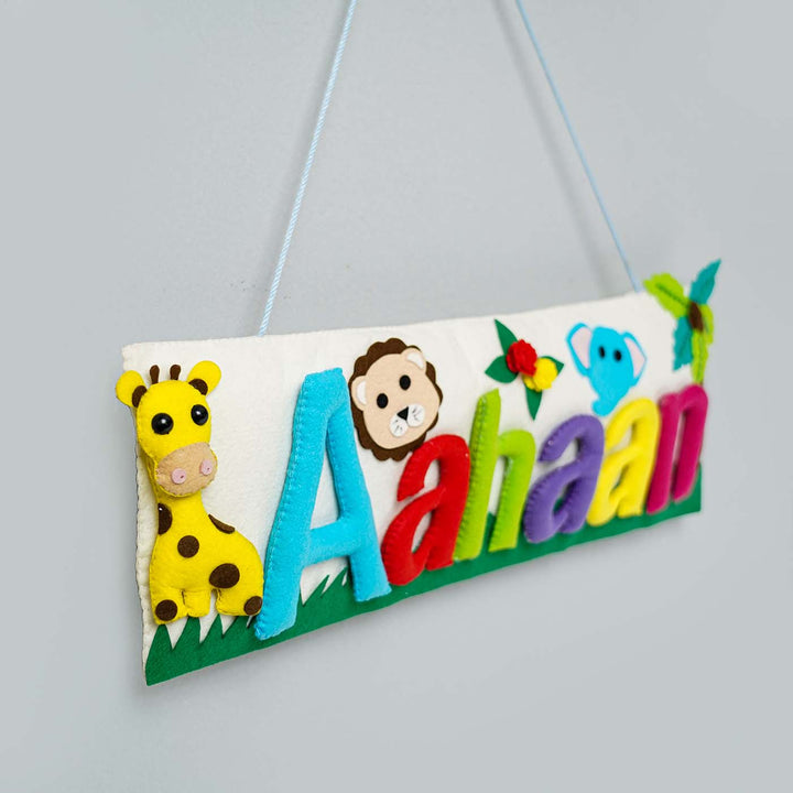 Handcrafted Animal Safari Themed Rectangle Felt Name Plate For Kids - Hanging Side View Showing Depth