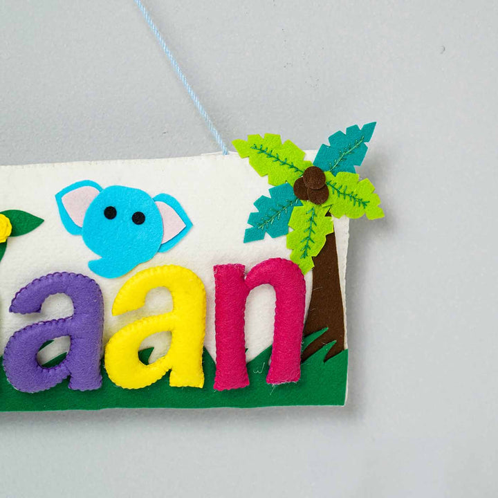 Handcrafted Animal Safari Themed Rectangle Felt Name Plate For Kids - Partial Front View Hanging Detail