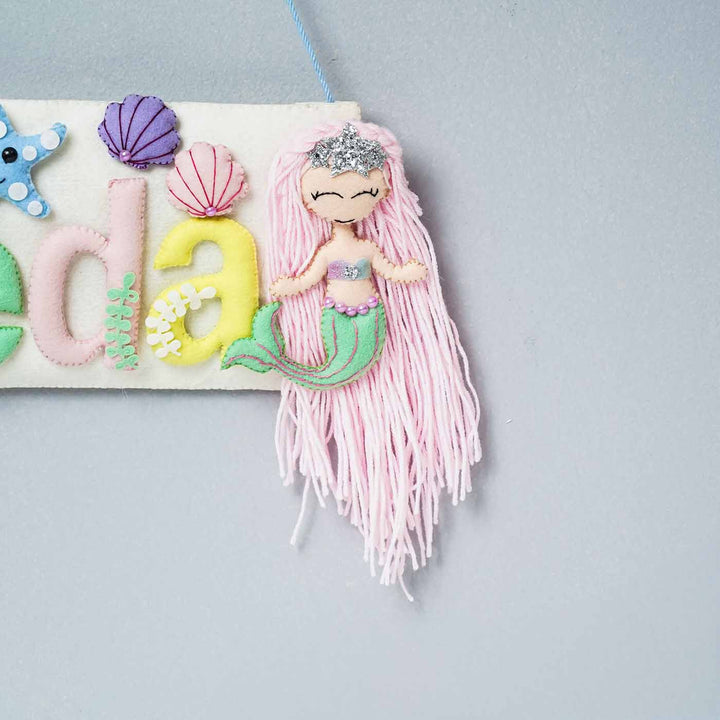 Handcrafted Mermaid Unicorn Themed Rectangle Felt Name Plate For Kids - Hanging Wall Sign Close-up View