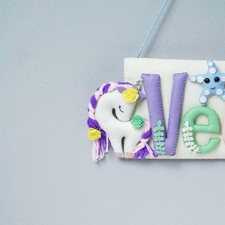 Handcrafted Mermaid Unicorn Themed Rectangle Felt Name Plate For Kids - Hanging Close-up Showing Details