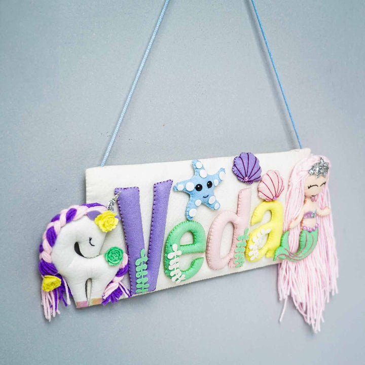 Handcrafted Mermaid Unicorn Themed Rectangle Felt Name Plate For Kids - Hanging Front View Showing Depth