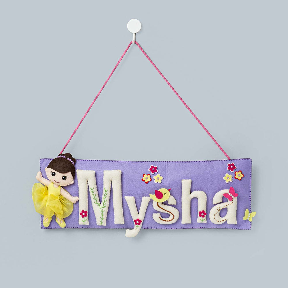 Handcrafted Doll Themed Rectangle Felt Name Plate For Kids - Hanging Name Sign Front View
