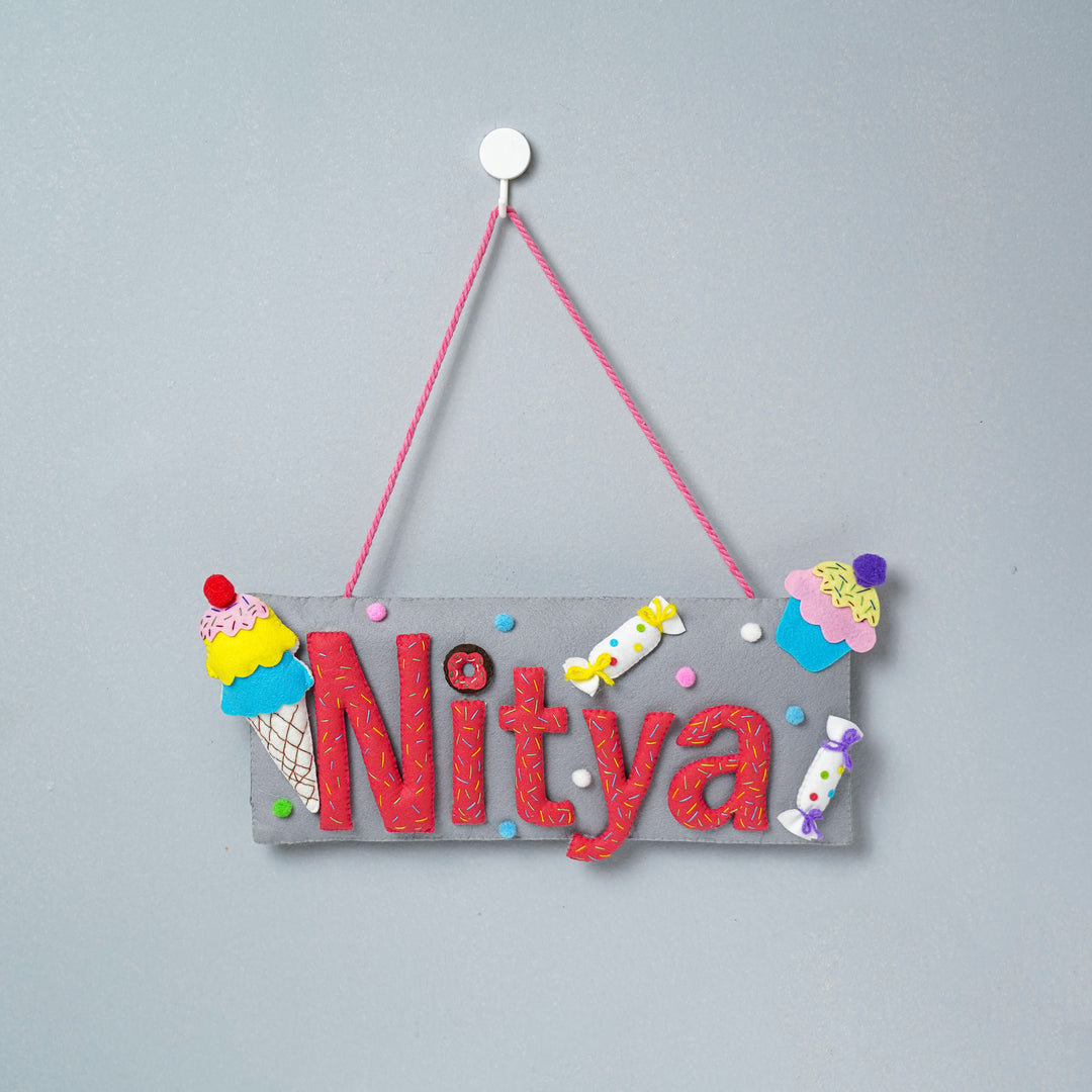 Handcrafted Ice Cream Candy Themed Rectangle Felt Name Plate For Kids - Hanging Front View on Wall