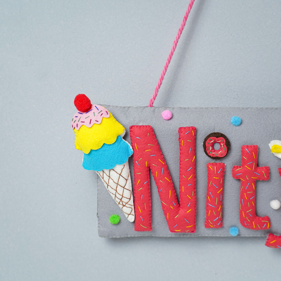 Handcrafted Ice Cream Candy Themed Rectangle Felt Name Plate For Kids - Hanging Front View Close-up