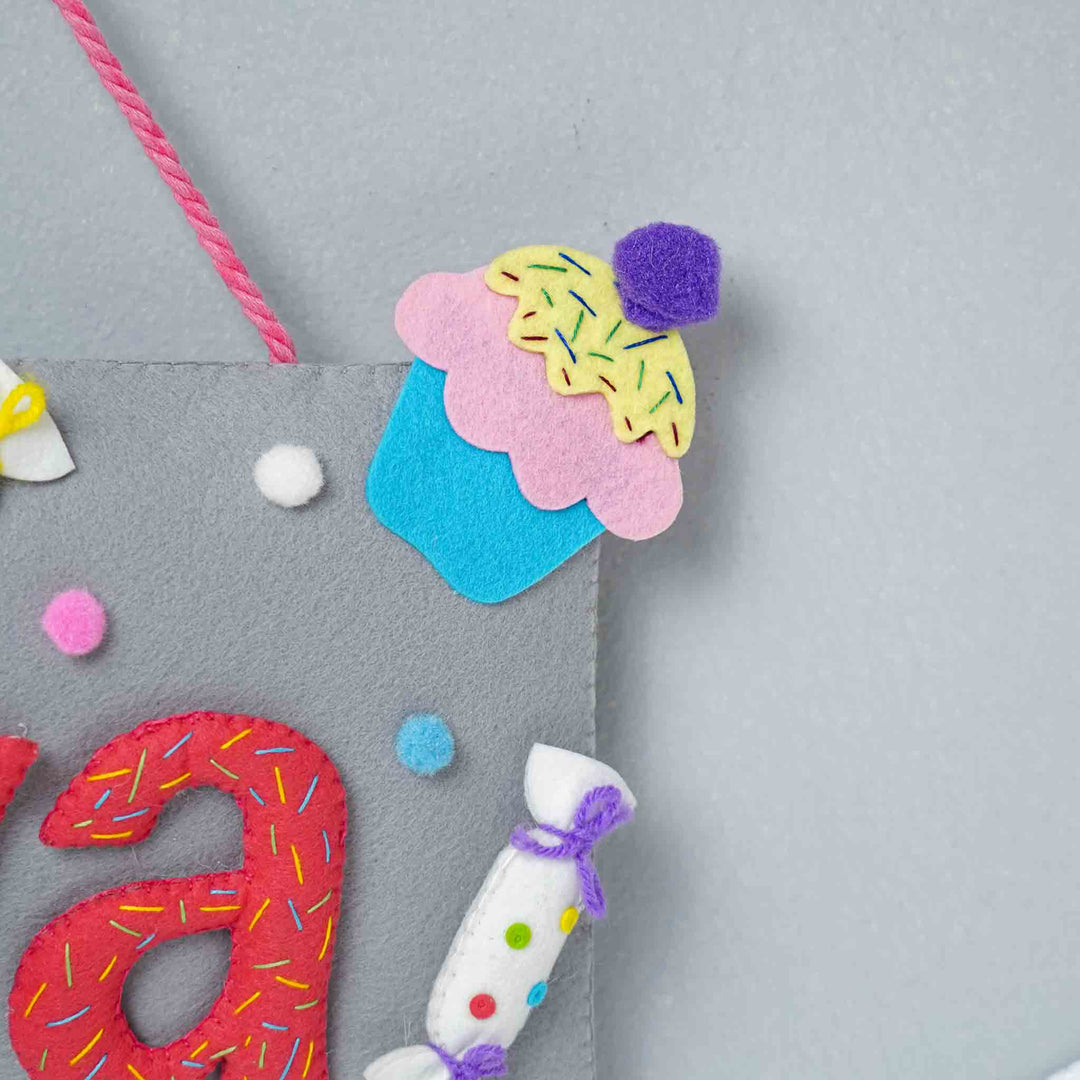 Handcrafted Ice Cream Candy Themed Rectangle Felt Name Plate For Kids - Close-up of Hanging Decorative Detail