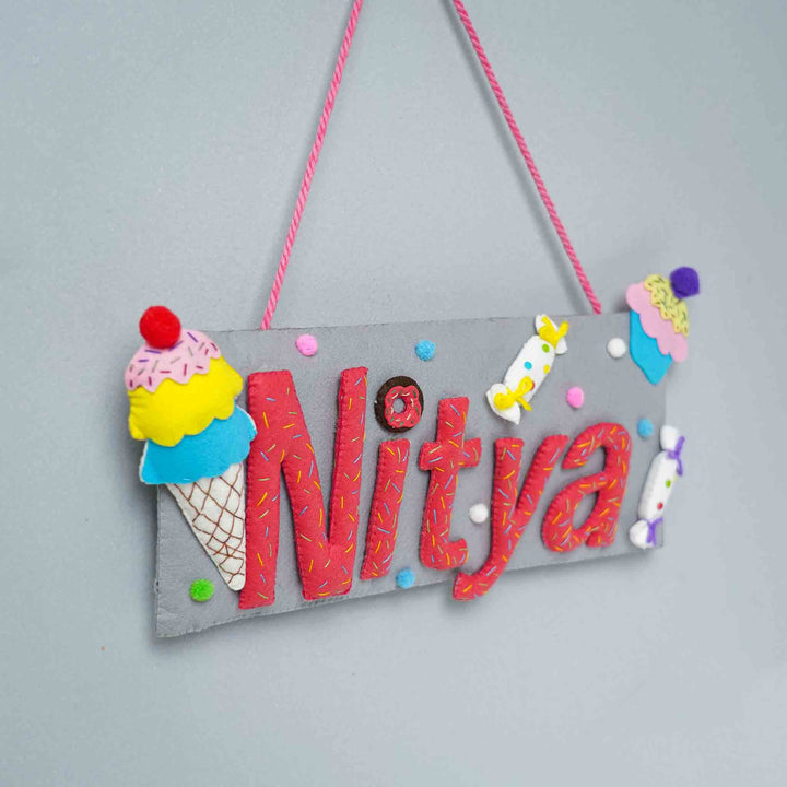 Handcrafted Ice Cream Candy Themed Rectangle Felt Name Plate For Kids - Hanging Sign Front View