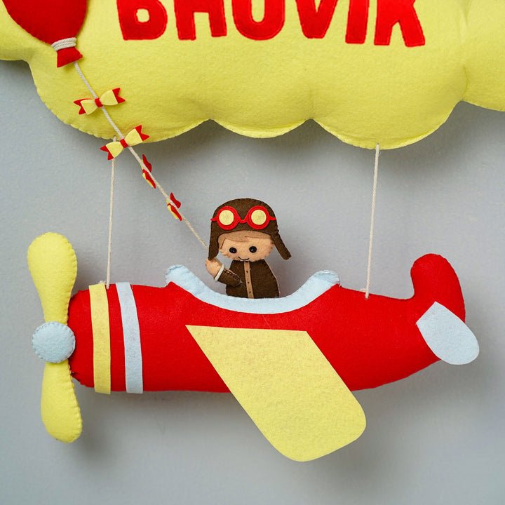 Handmade Personalized Felt Name Hanging Yellow Aviator - Name Personalization Example with Hanging Plane