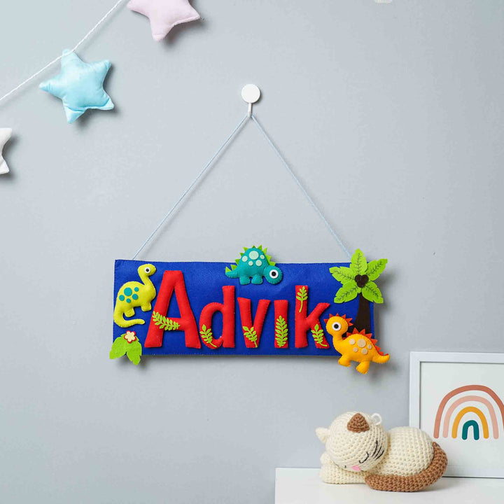 Handcrafted Dinosaur Themed Rectangle Felt Name Plate For Kids - Hanging on Wall with Name Display