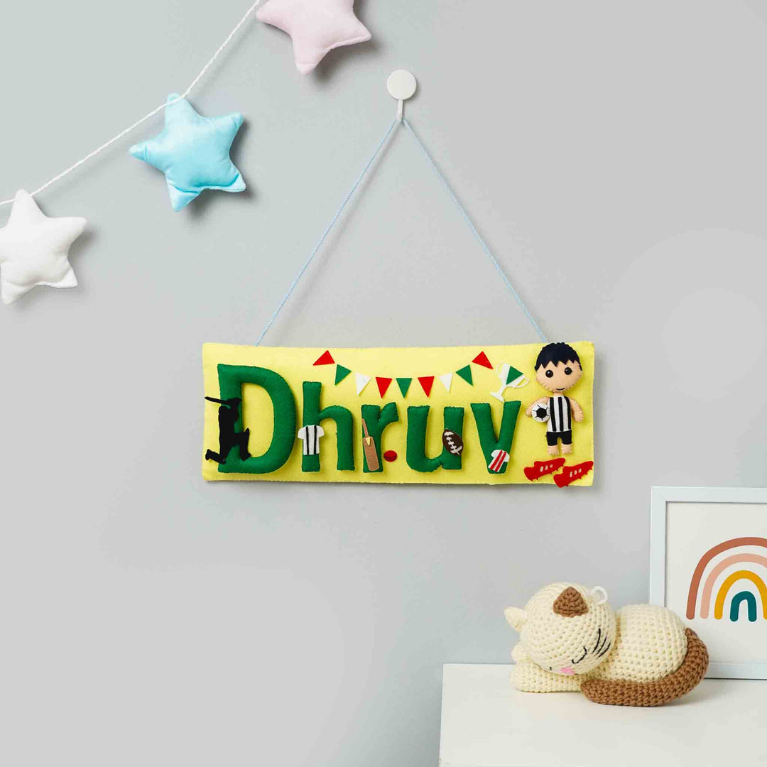 Handcrafted Sports Themed Rectangle Felt Name Plate For Kids - Front View Hanging on Wall