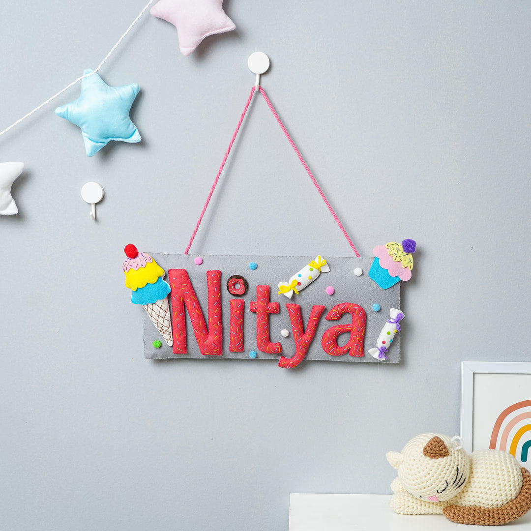 Handcrafted Ice Cream Candy Themed Rectangle Felt Name Plate For Kids - Hanging on Wall Hook Display