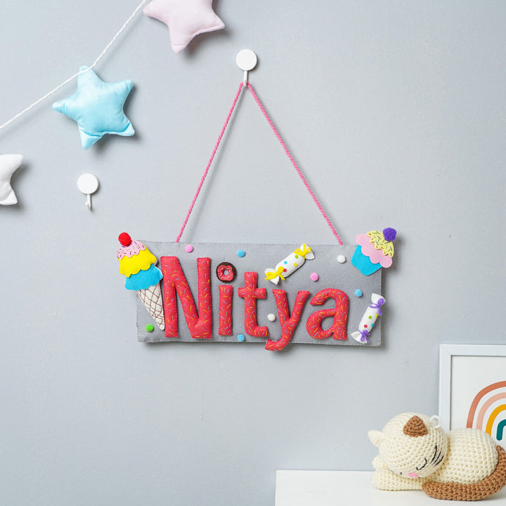 Handcrafted Ice Cream Candy Themed Rectangle Felt Name Plate For Kids - Hanging on Wall Hook Display
